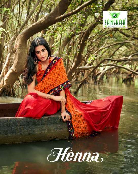 Sanskar Tex Prints Henna Georgette With Fancy Border Casual Wear Saree For Ladies Collections