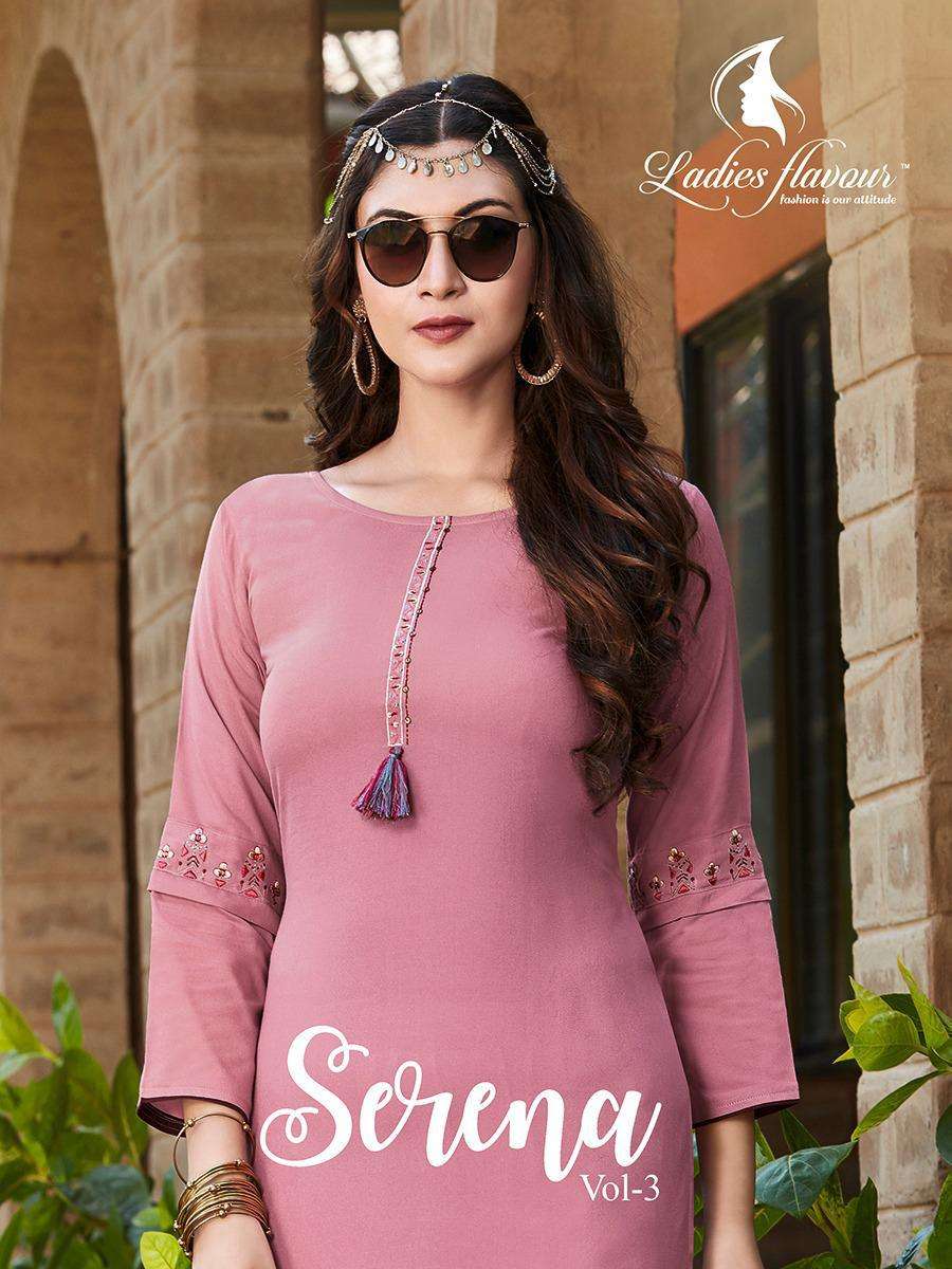 serena vol 3 by ladies flavour rayon embroidery formal wear kurti collection