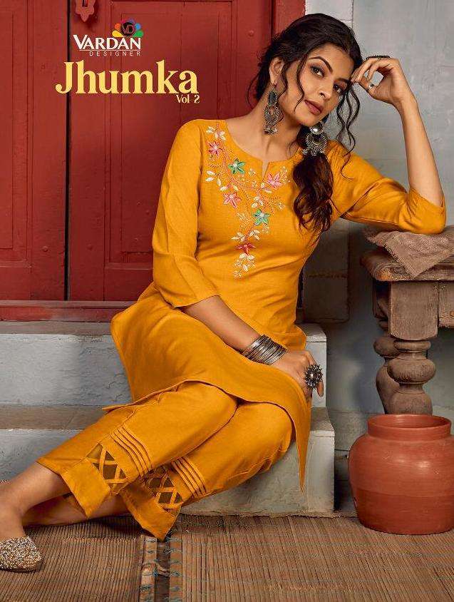 vardan designer jhumka vol 2 rayon kurti with pant set wholesale rate in surat 