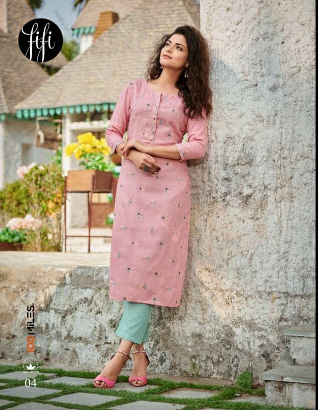 100 miles fifi cotton satin jacquard work fancy kurtis