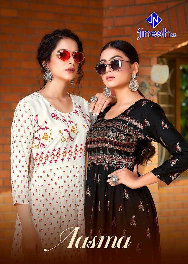 aasma by jinesh nx rayon foil printed long gown collection