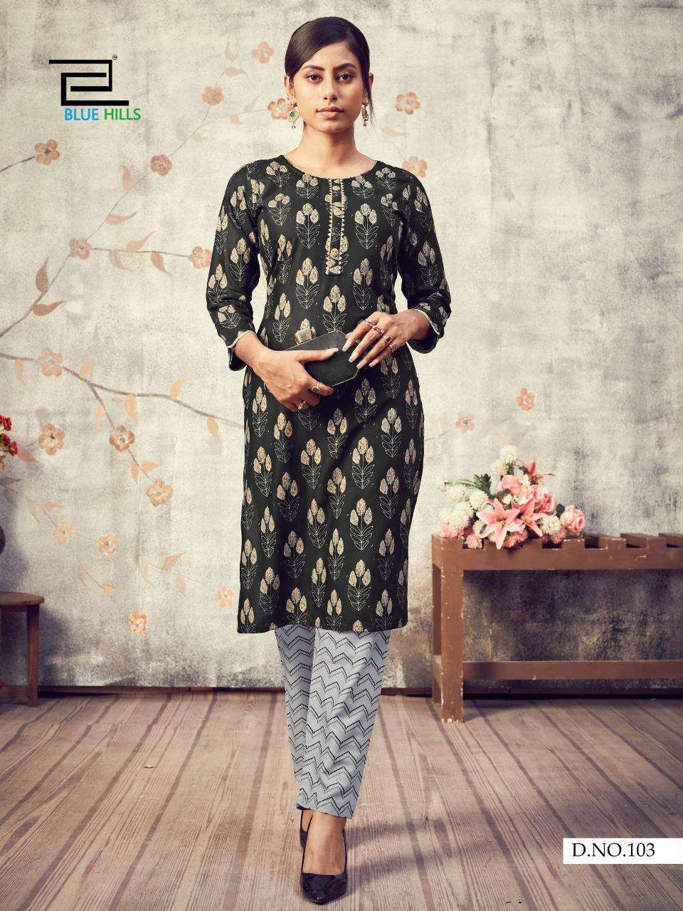 blue hills jasmine rayon kurti with pant pair collection