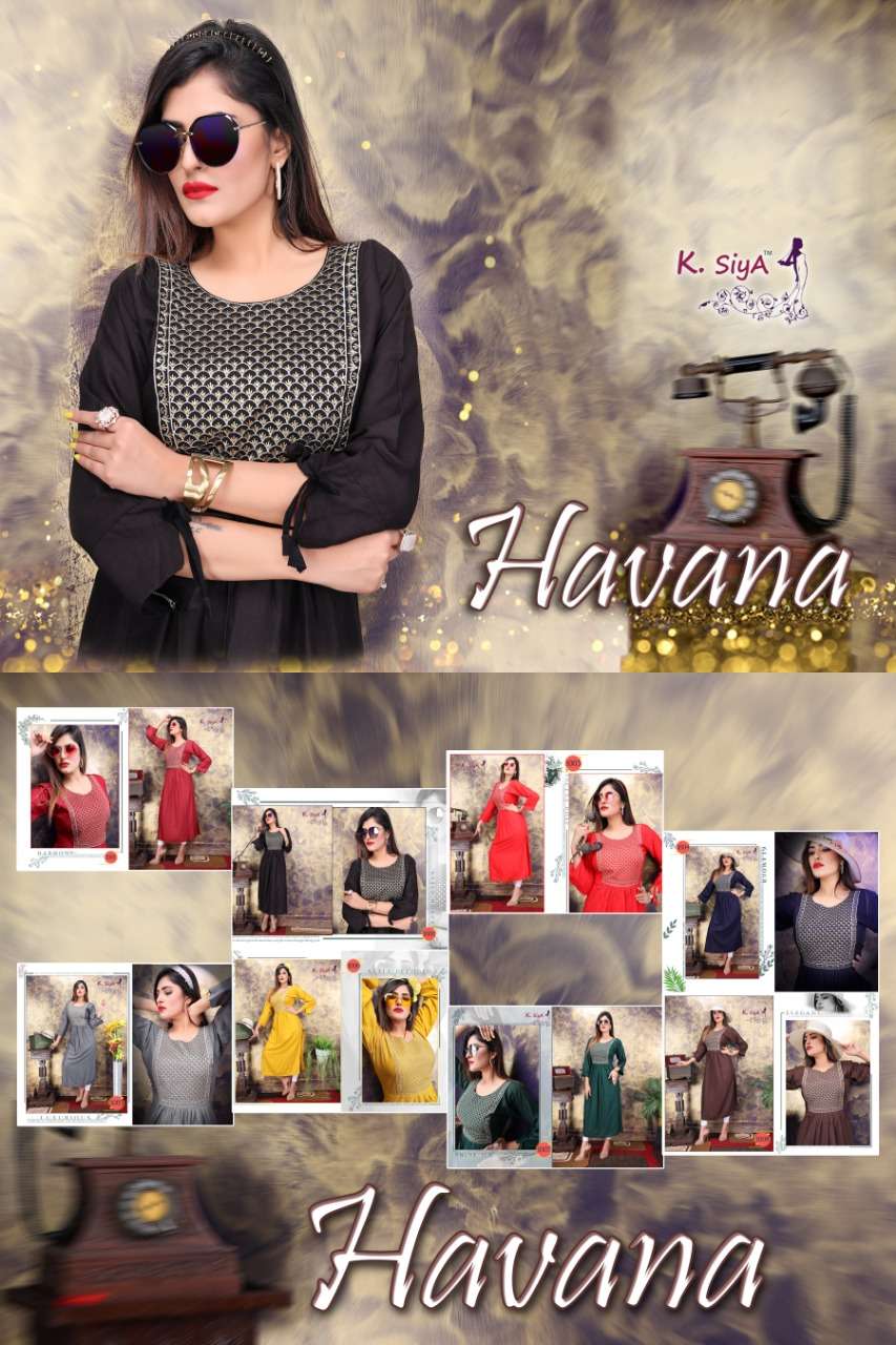 Havana vol.1 by k.siya heavy rayon with work kurti Cataolog Collection Wholesaler Best Rate In Ahmedabad Surat Chennai India Uk Usa Malaysia Singapore Canada Australia