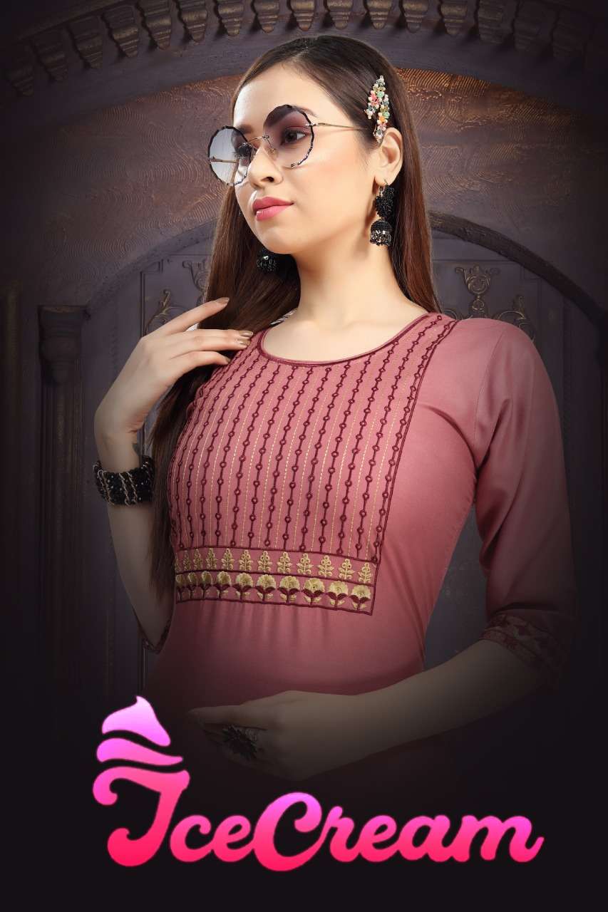 Ice cream by fashion talk heavy rayon with work kurti Catalog Collection Wholesaler Lowest Best Price In Ahmedabad Surat Chennai India Uk Usa Malaysia Singapore Canada Australia