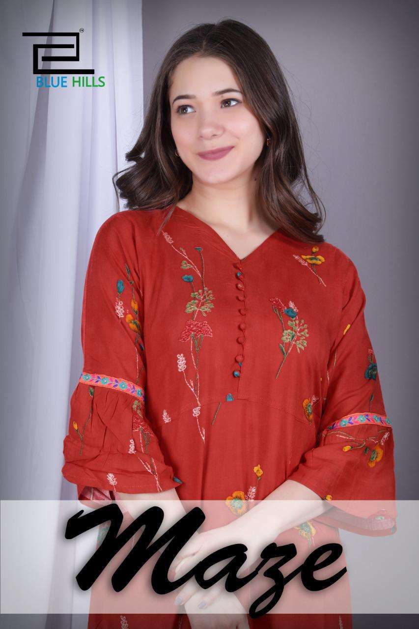 maze by blue hills rayon printed long kurti online supplier