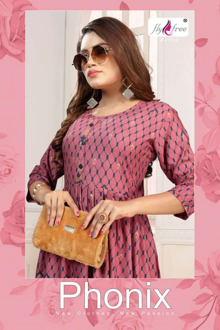 Phonix by fly free heavy rayon gold print kurti Cataolog Collection Wholesaler Best Rate In Ahmedabad Surat Chennai India Uk Usa Malaysia Singapore Canada Australia