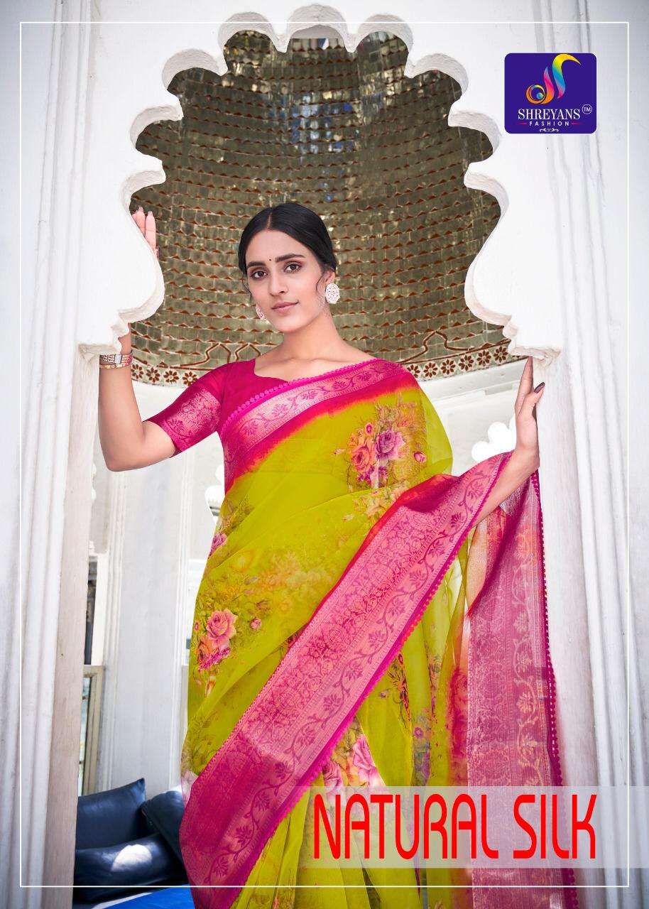 shreyans fashion natural silk organza causal wear saris wholesaler 