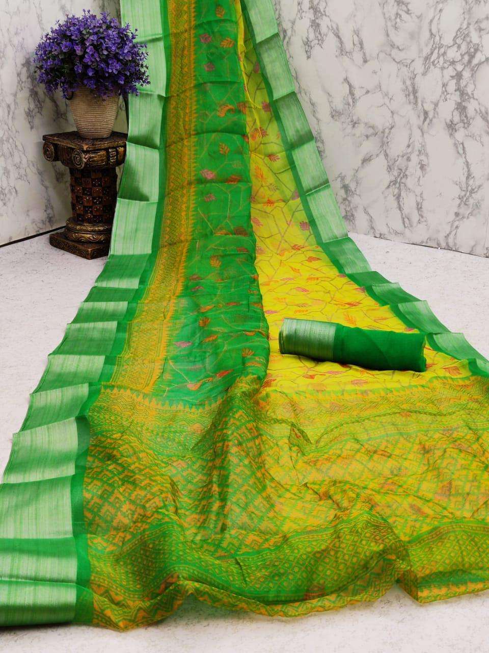 shreyans fashion wooven chhu pattu organza sari authorized supplier in surat 