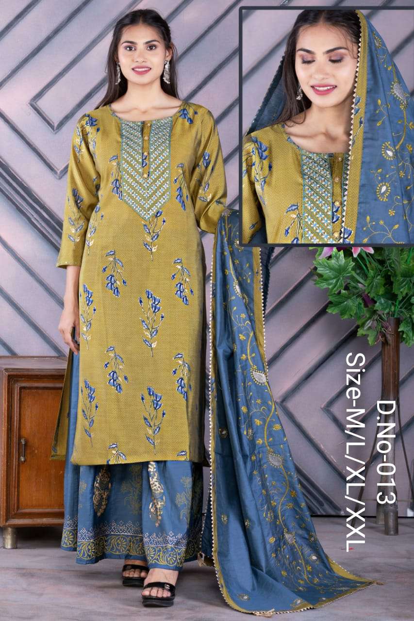 Valas 013 Chanderi Foil Ptd Kurta with Palazzo & Dupatta