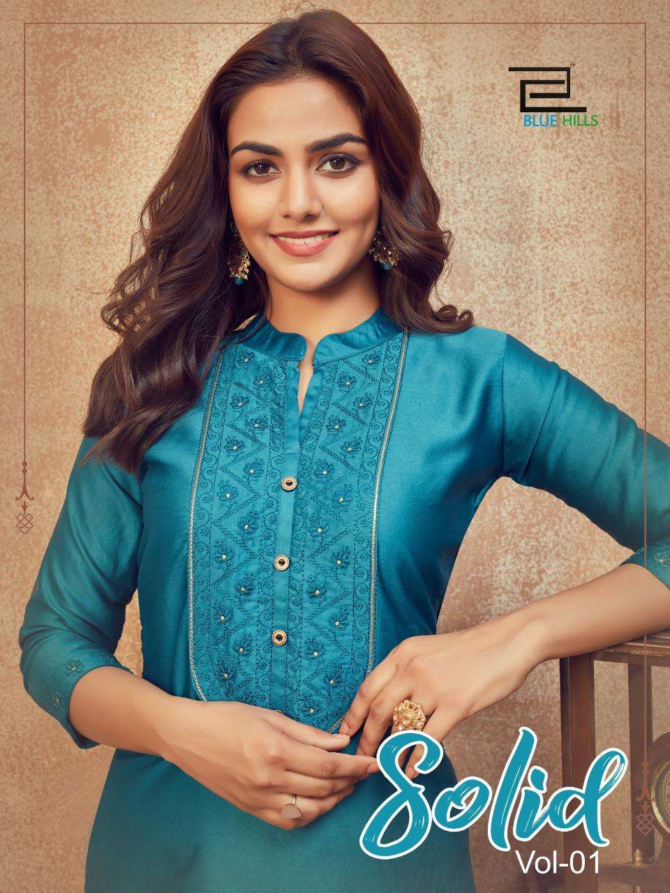 blue hills solid jam satin straight fancy kurtis