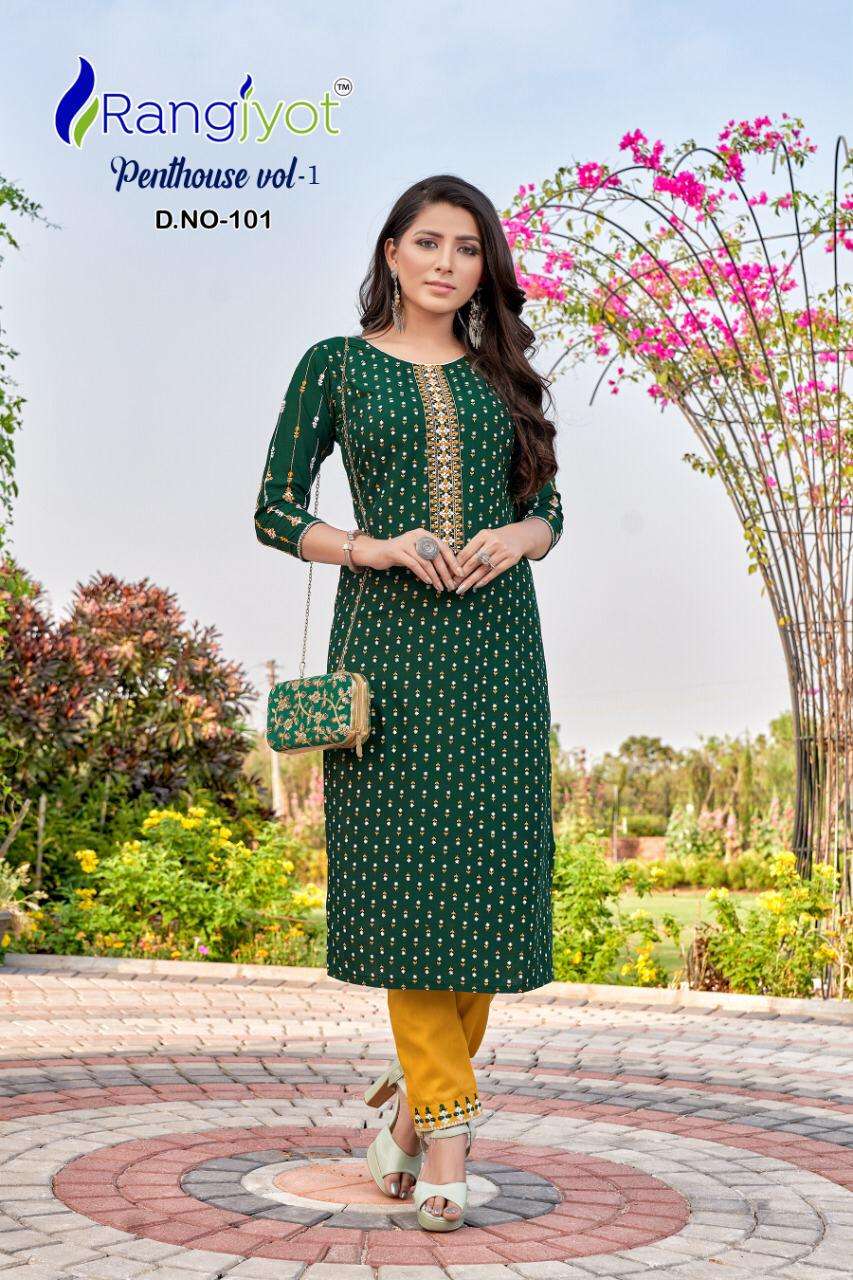 pent house by rangjyot rayon slub kurti with cotton pant pair