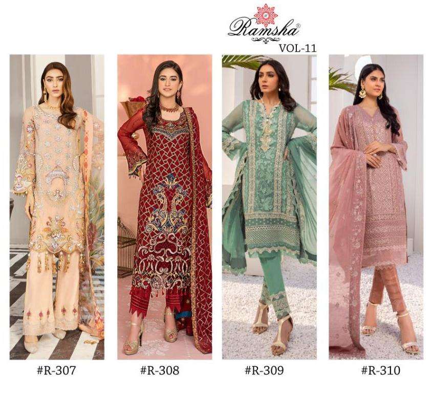 ramsha vol 11 307-310 series georgette embroidery pakistani suits concept 