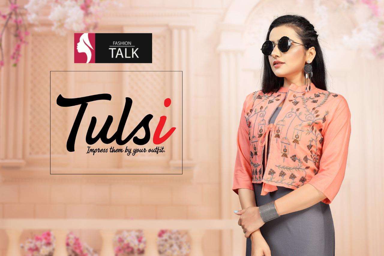 tulsi by fashion talk heavy rayon with jacket work kurti Catalog Collection Wholesaler Lowest Best Price In Ahmedabad Surat Chennai India Uk Usa Malaysia Singapore Canada Australia