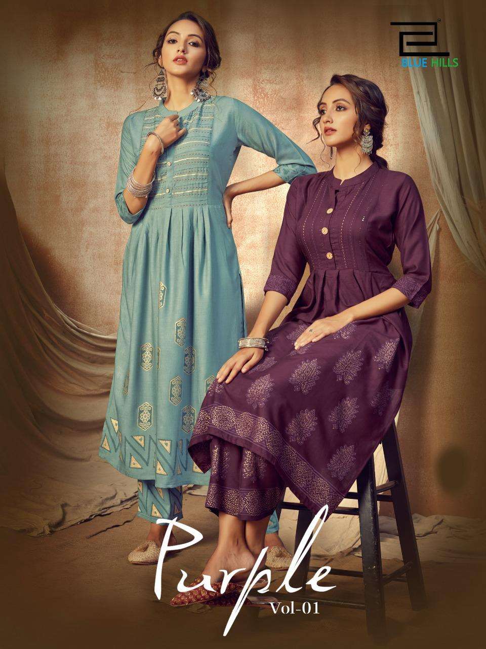 Blue Hills Purple Rayon Slub Designer Kurti With Pant Seller