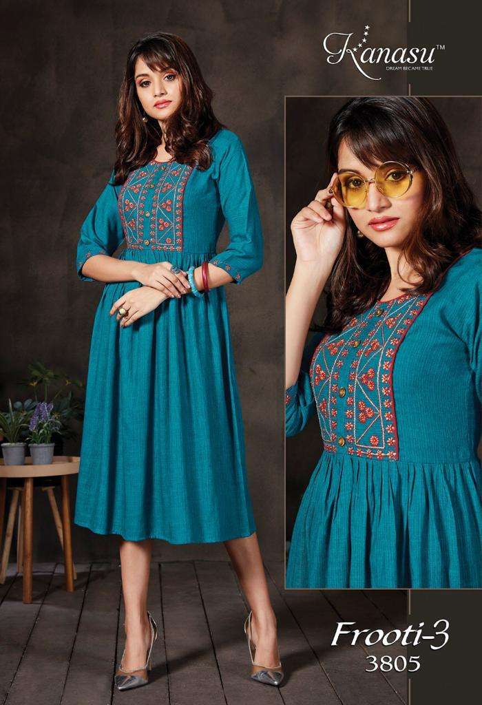 Frooti Vol.3 By Kanasu Heavy Rayon With Lair With Work  Pattern Kurti Catalog