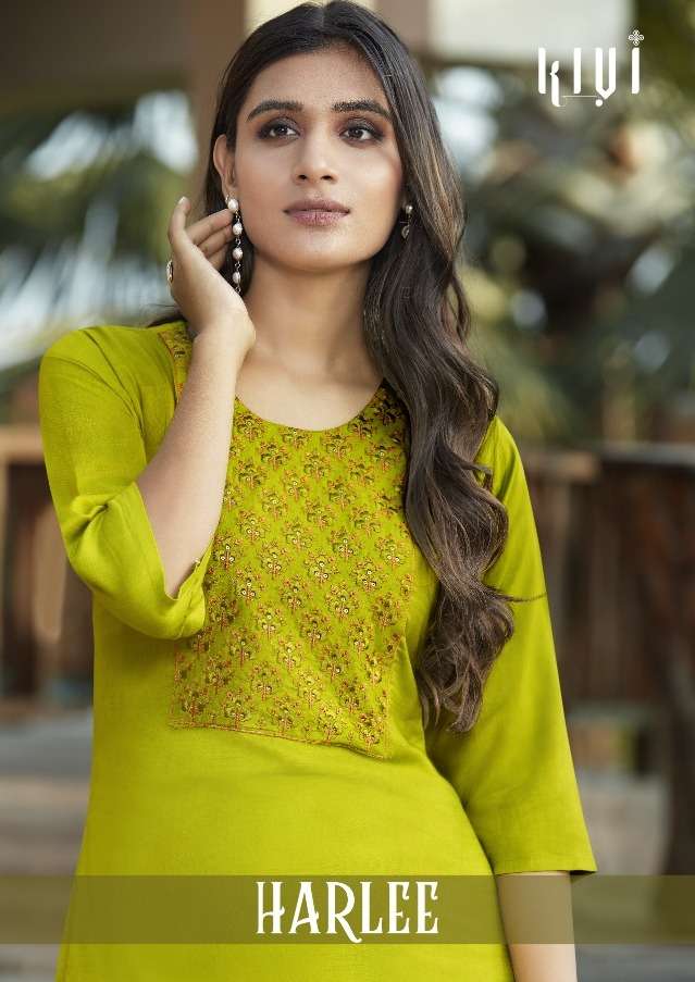 Harlee By Kalaroop Kivi Rayon Work Designer Kurtis