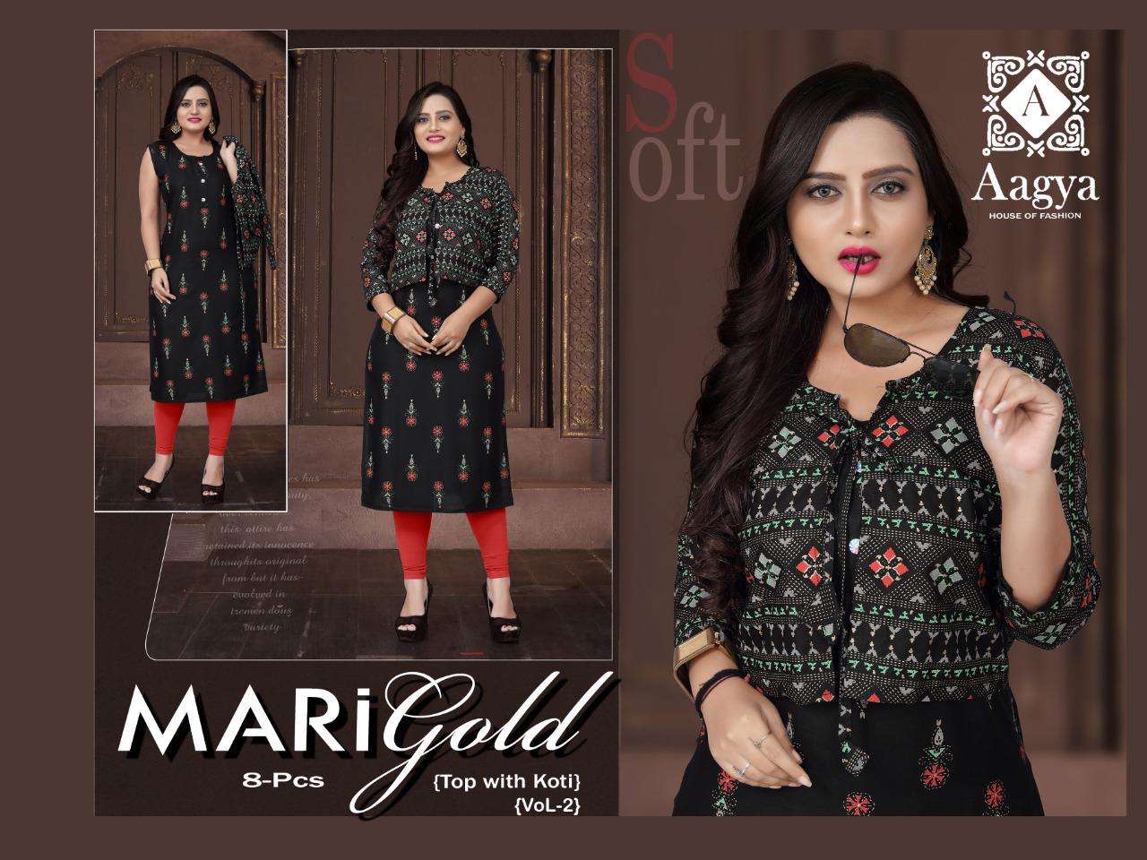 Marigold Vol-2 By Trendy Heavy Rayon With Koti With Gold Foil Print Kurti Catalog Collection