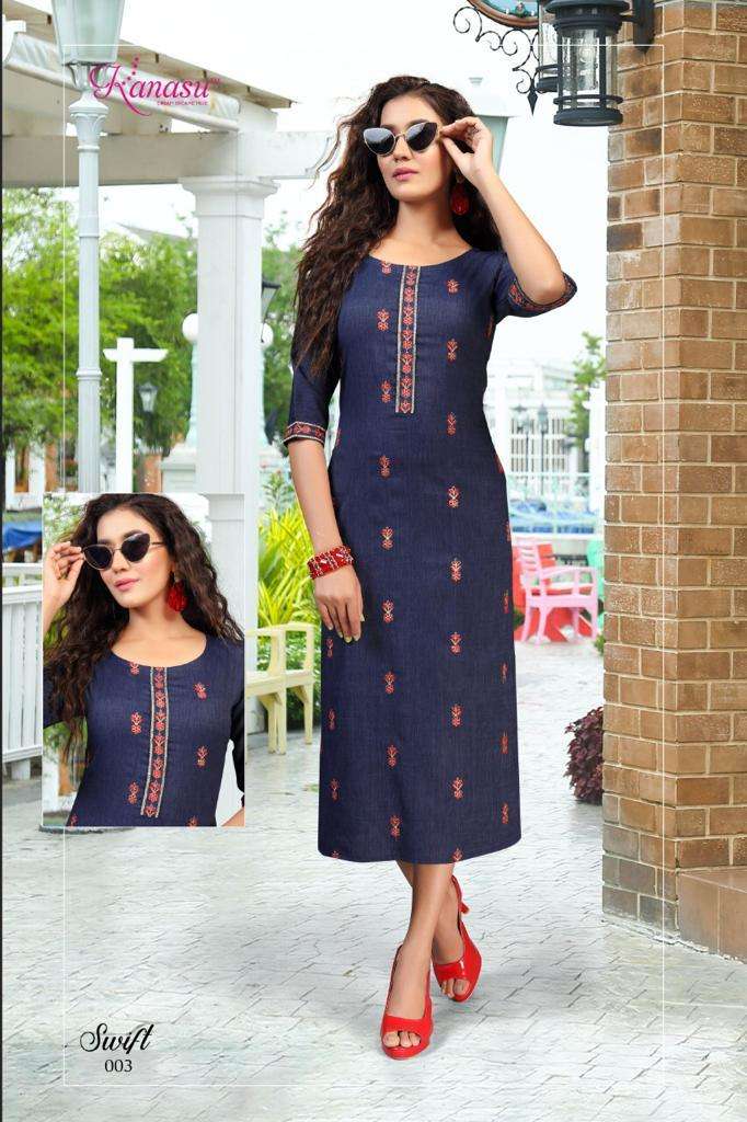 Swift By Kanasu Heavy Rayon Liqvid With Computer Kasab Work Pattern Kurti Catalog