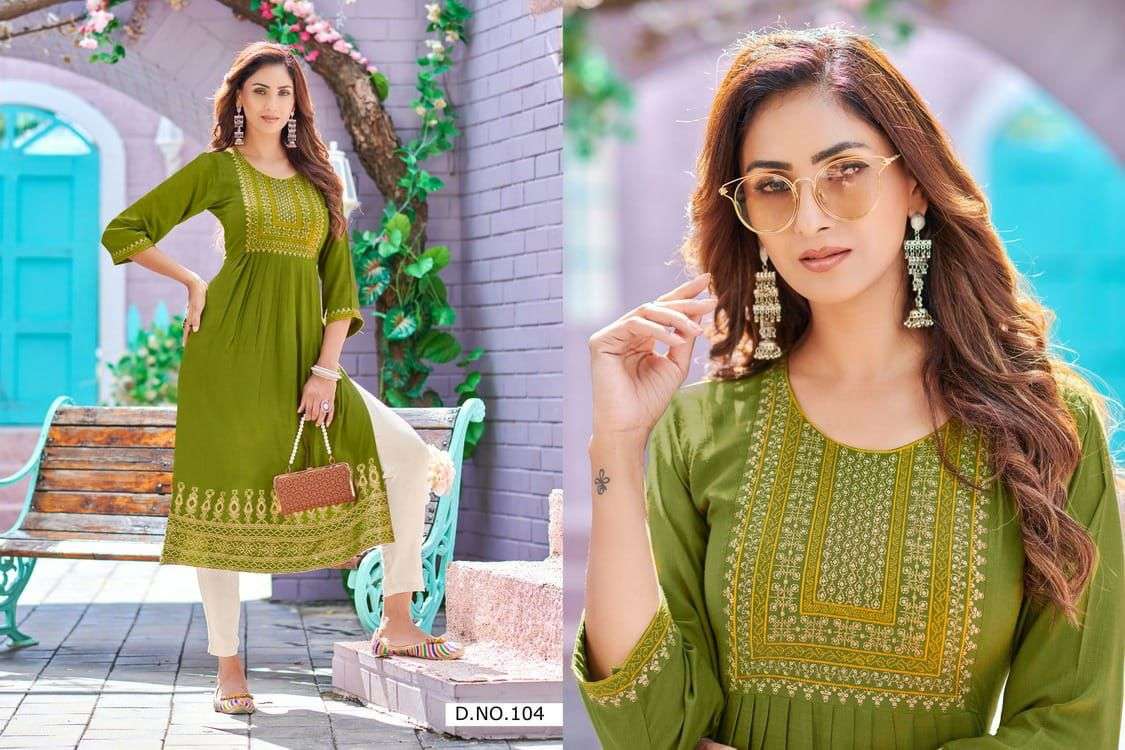 Golden Dairies By Trendy Heavy Rayon Slub 14 Kg Zari With Sequence Sleeves Work Kurti Catalog Wholesaler Best Rate Surat