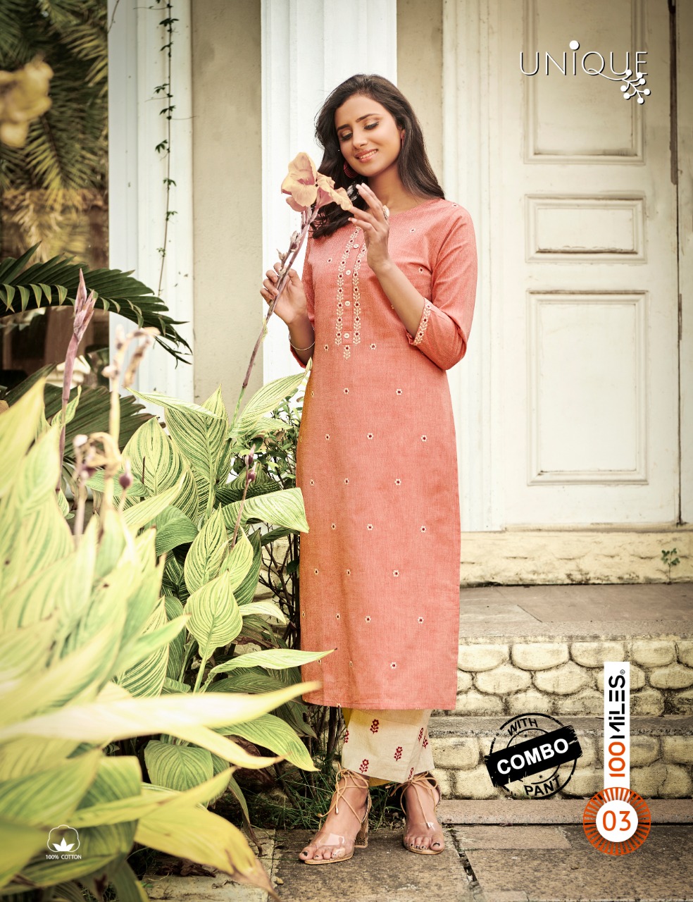 100 Miles Launch Unique Cotton Embroidered Kurti With Combo Pants