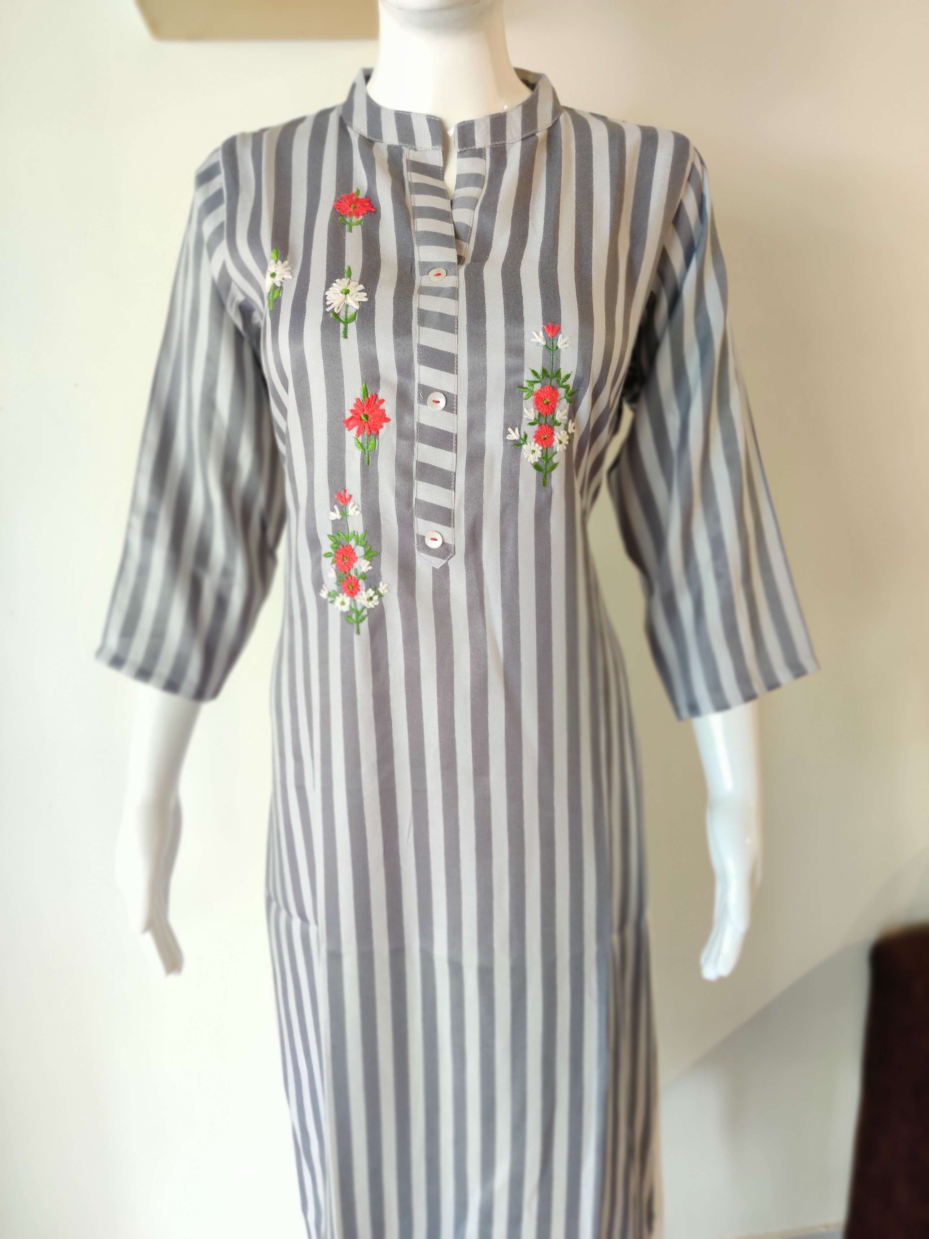 Fancy Cotton Stripes Kurti With Embroidery