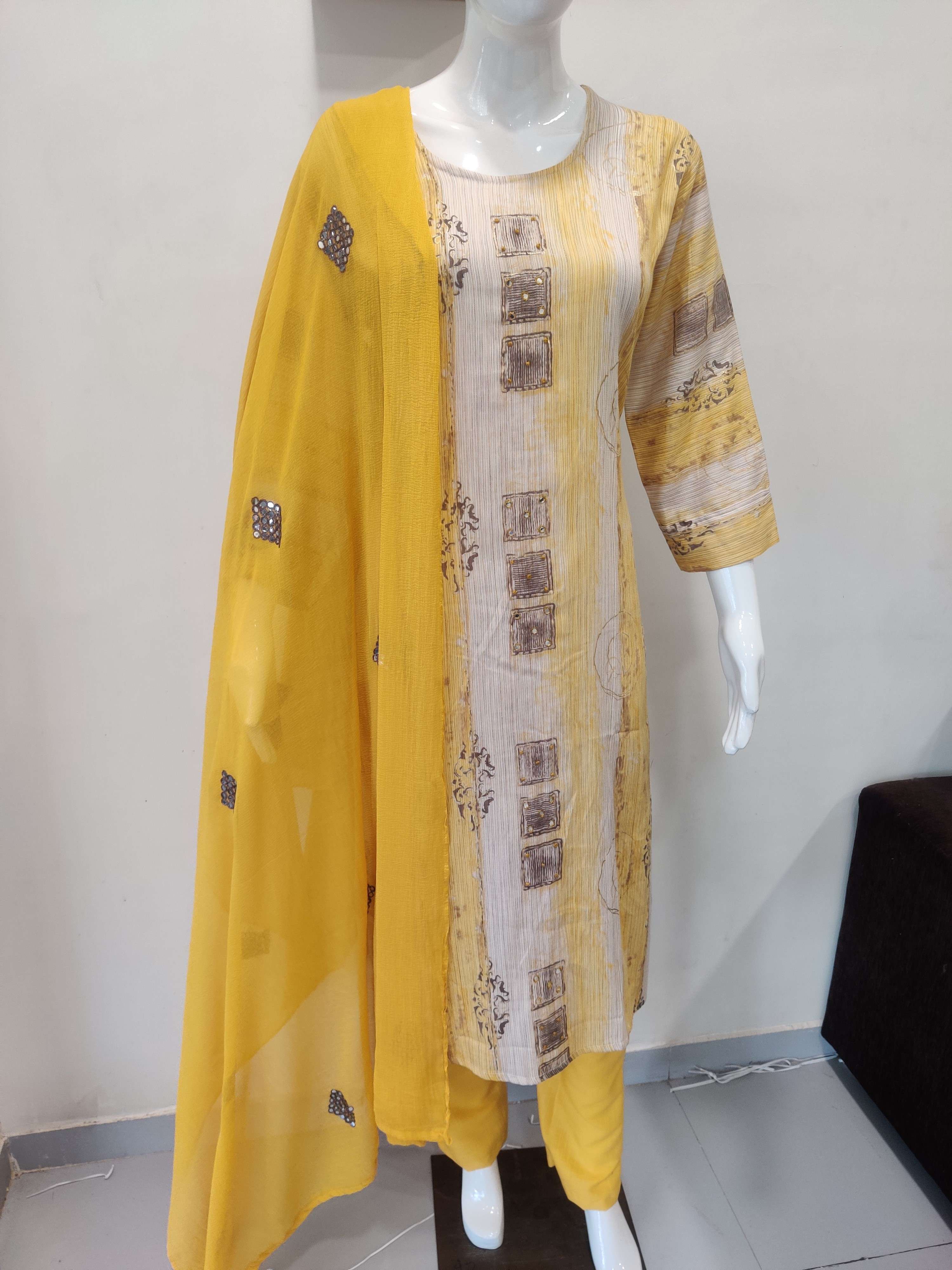 Fancy Rayon Foil Print Top With Pants And Mirror Work Dupatta