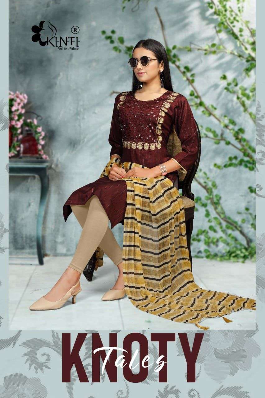 Knoty Tales Straight Fancy Embroidery Kurti With Dupatta Set By Kinti.