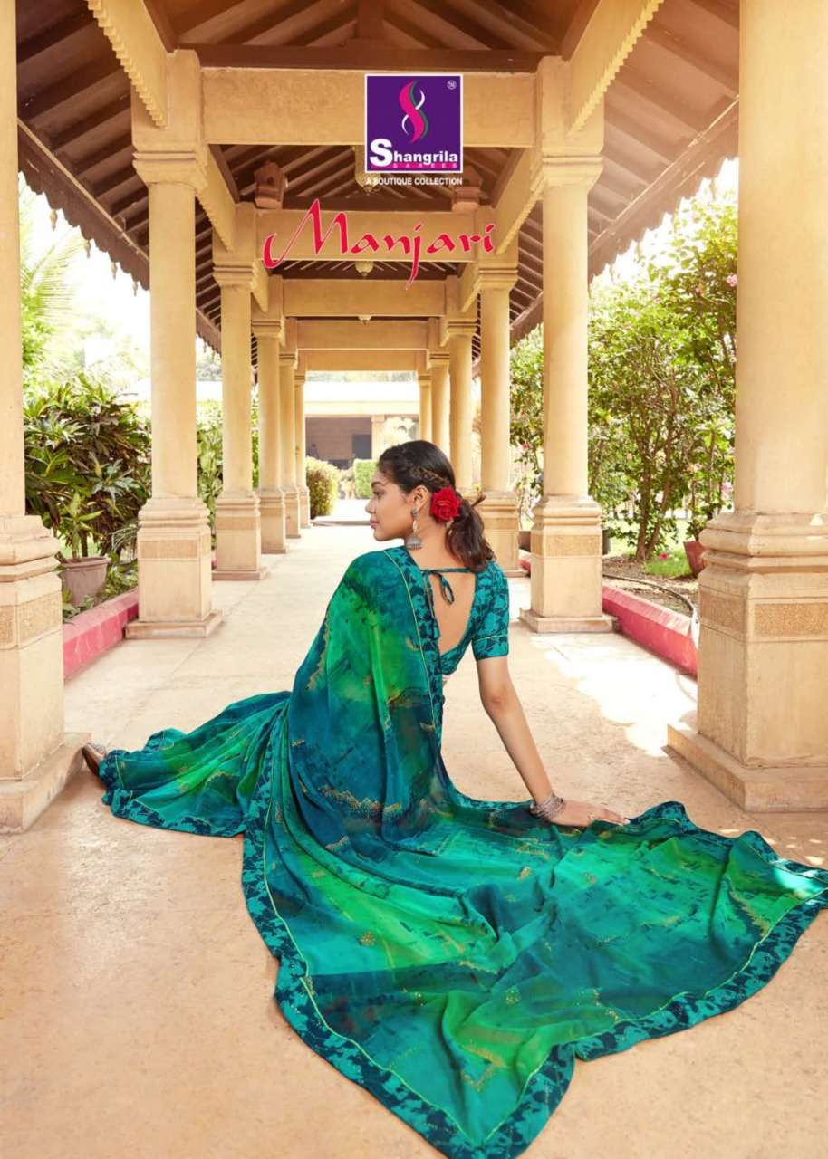 Manjari Fancy Pure Georgette Digital Zari Print Sarees By Shangrila