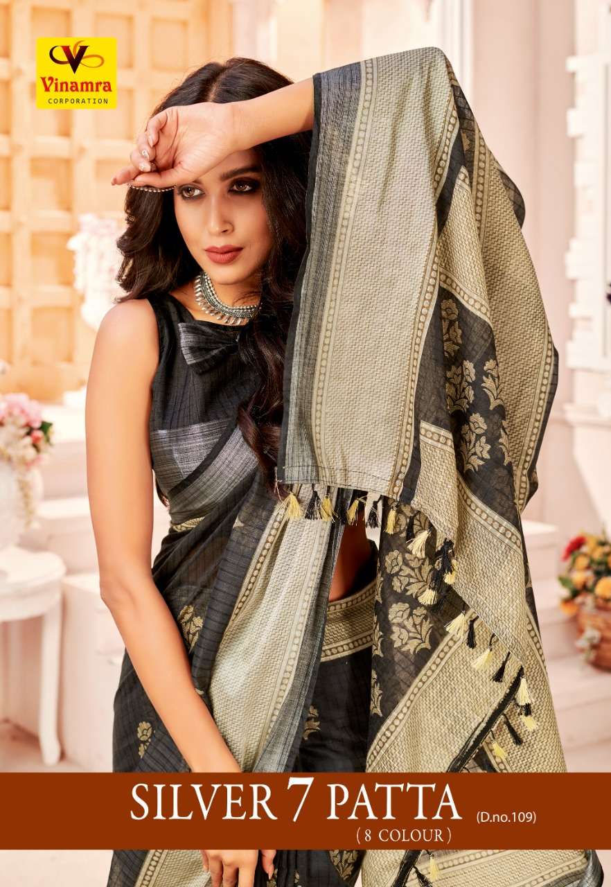 Vinamra Corporation Silver 7 Patta D No 109 Cotton Casual Wear Saree