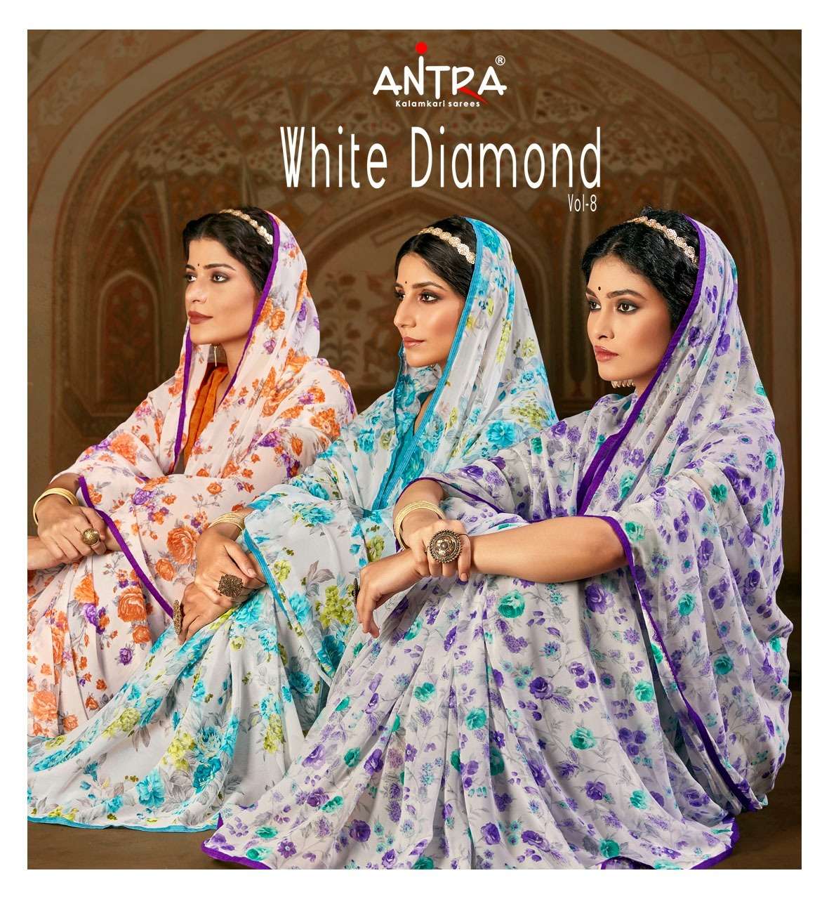 antra white diamond vol 8 flower printed fancy saree collection