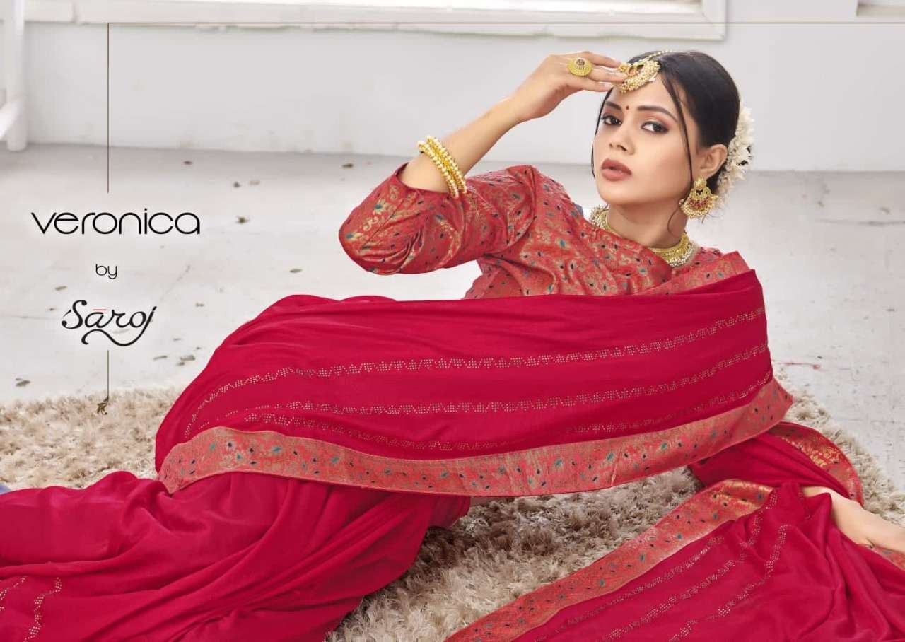 Saroj veronica soft vichitra silk with swaroski work and lace designer sarees collection