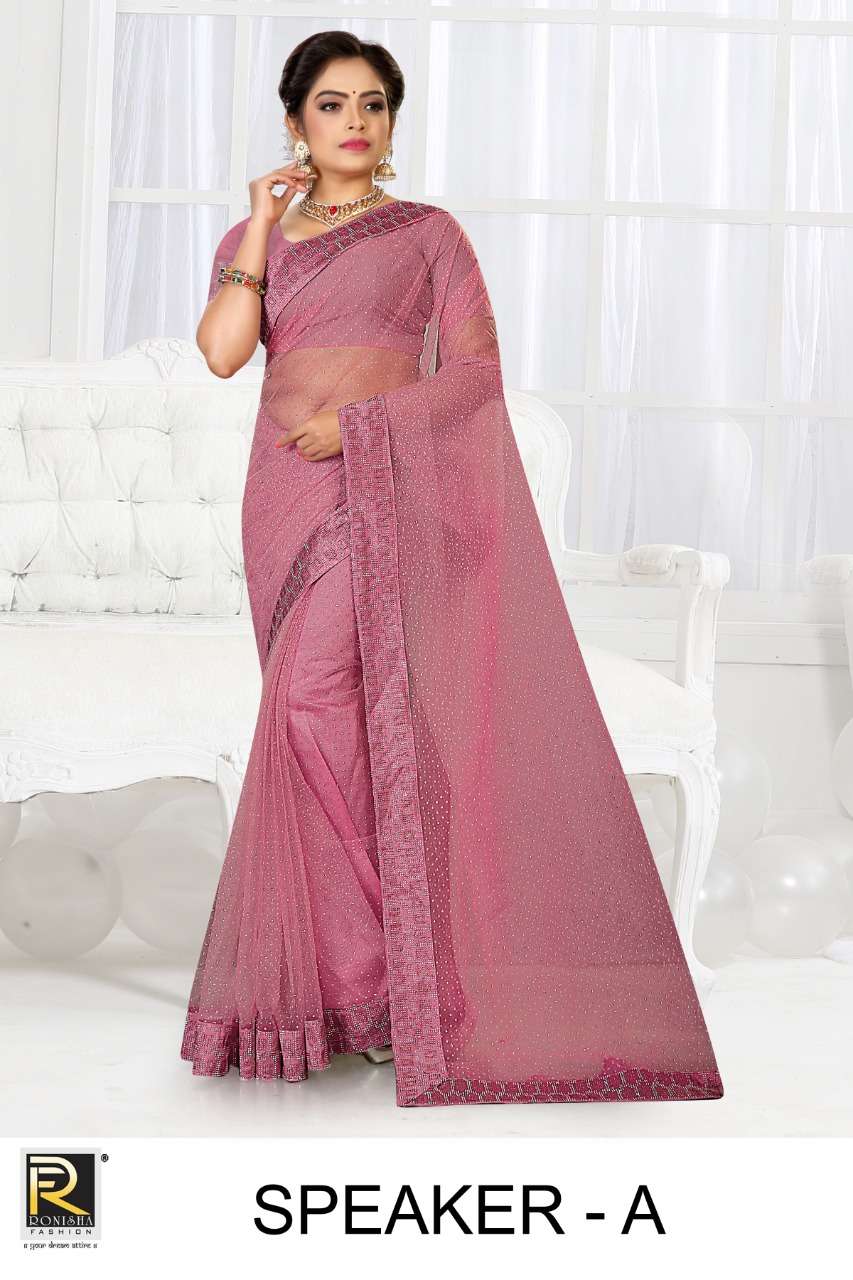 Speaker by ranjna saree siroski diamond dio drop work net beautiful collection wholesale shop 