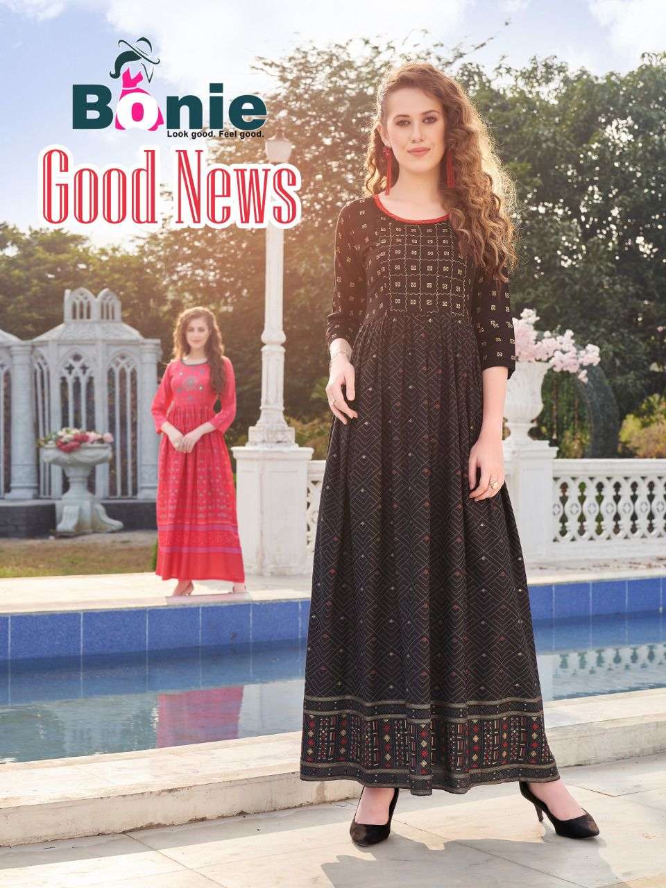 GOOD NEWS BY BONIE HAEVY PURE RAYON WITH FOIL PRINT KURTI CATALOG WHOLESALER BEST RATE