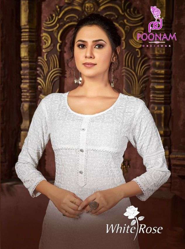 poonam white rose rayon chikan work simple wear fancy kurti