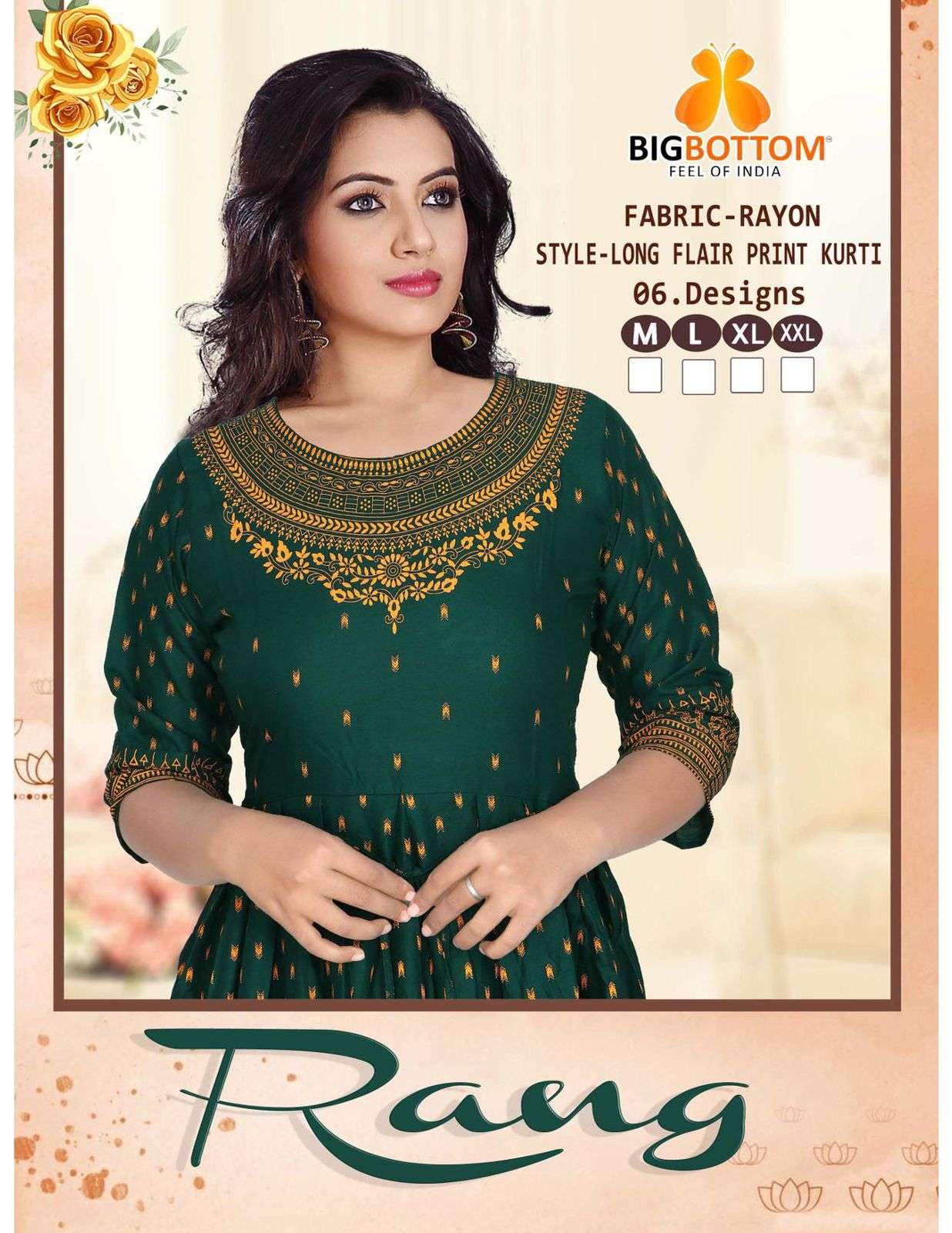 RANG BY BIG BOTTOM HEAVY RAYON PRINT FLAIR KURTI CATALOG WHOLESALER BEST RATE