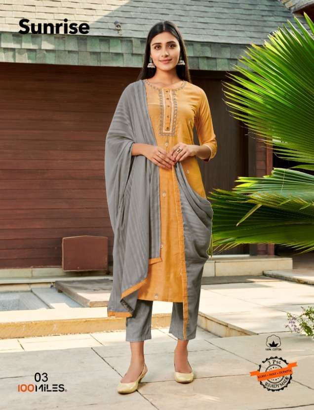 sunrise by 100 miles cotton full stitch kurti pant with dupatta 3 piece set