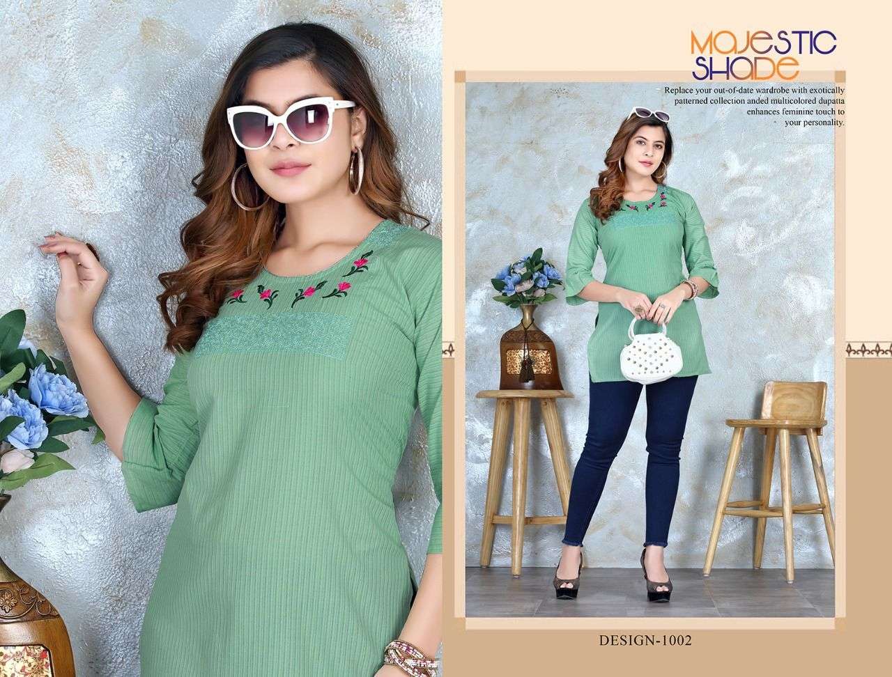  Beauty Queen Aarohi heavy rayon with Embroidered work Tunic  straight short kurta catalog wholesaler best rate