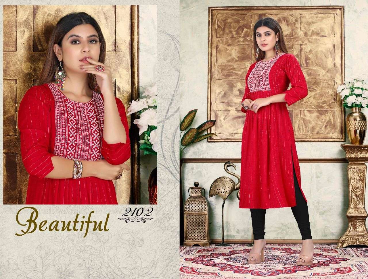 BEAUTY QUEEN LUCID HEAVY RAYON LUREX 14 KG Embroidered WORK A- Line Naira Cut Pattern KURTI CATALOG WHOLESALER BEST RATE