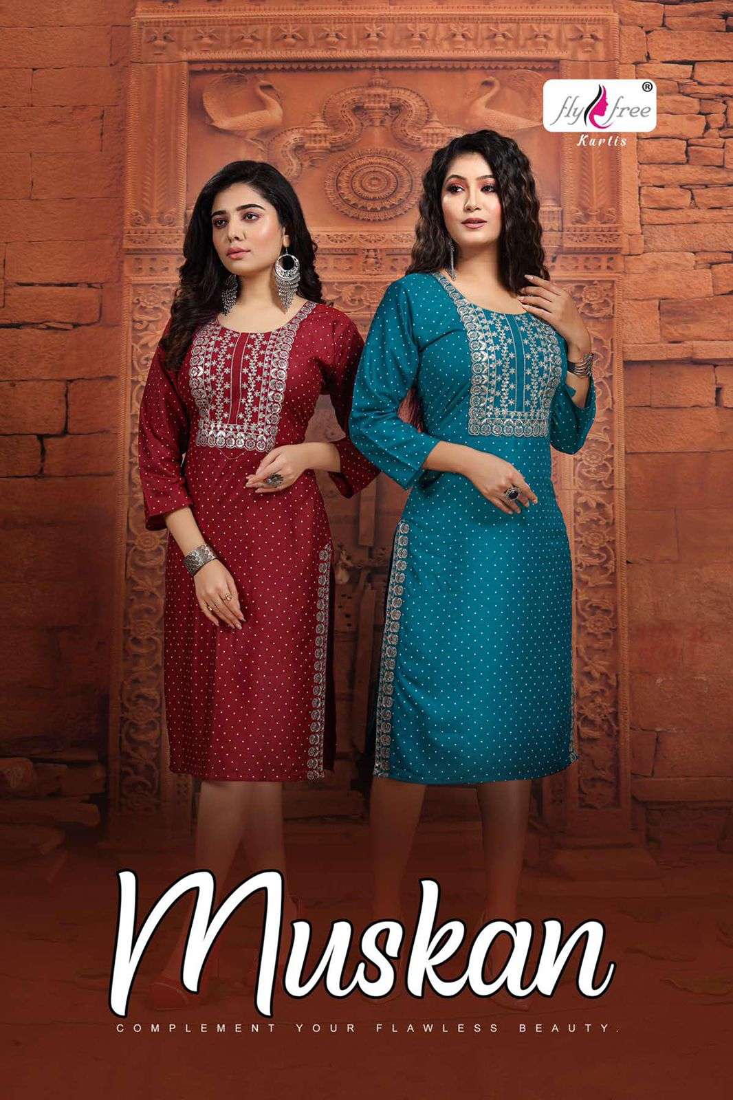 MUSKAN BY FLY FREE HEAVY RAYON TOP WITH SEQUENCE EMBROIDERY KURTI CATALOG WHOLESALER BEST RATE
