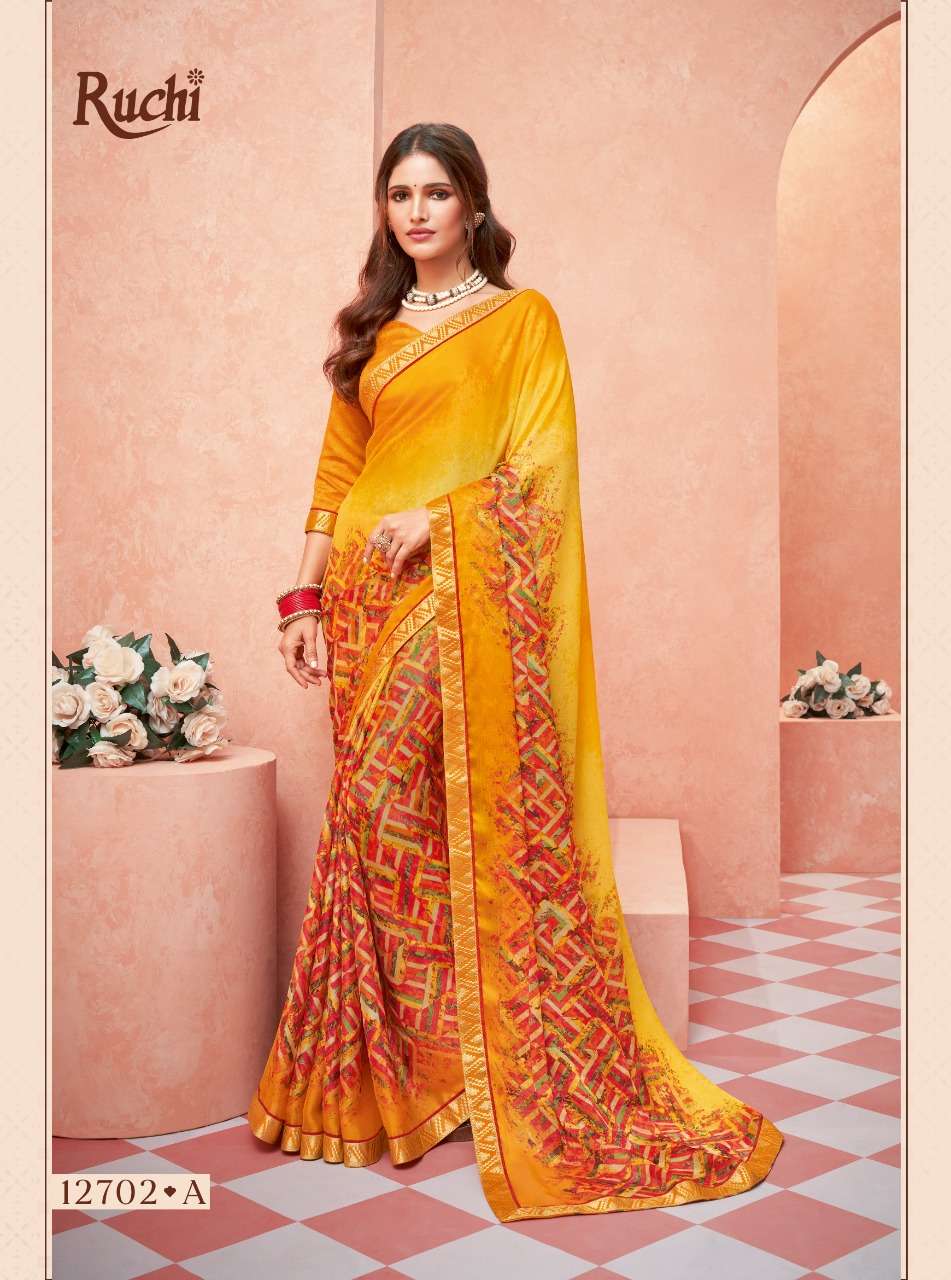 ruchi shringar chiffon printed saree with banarasi border 