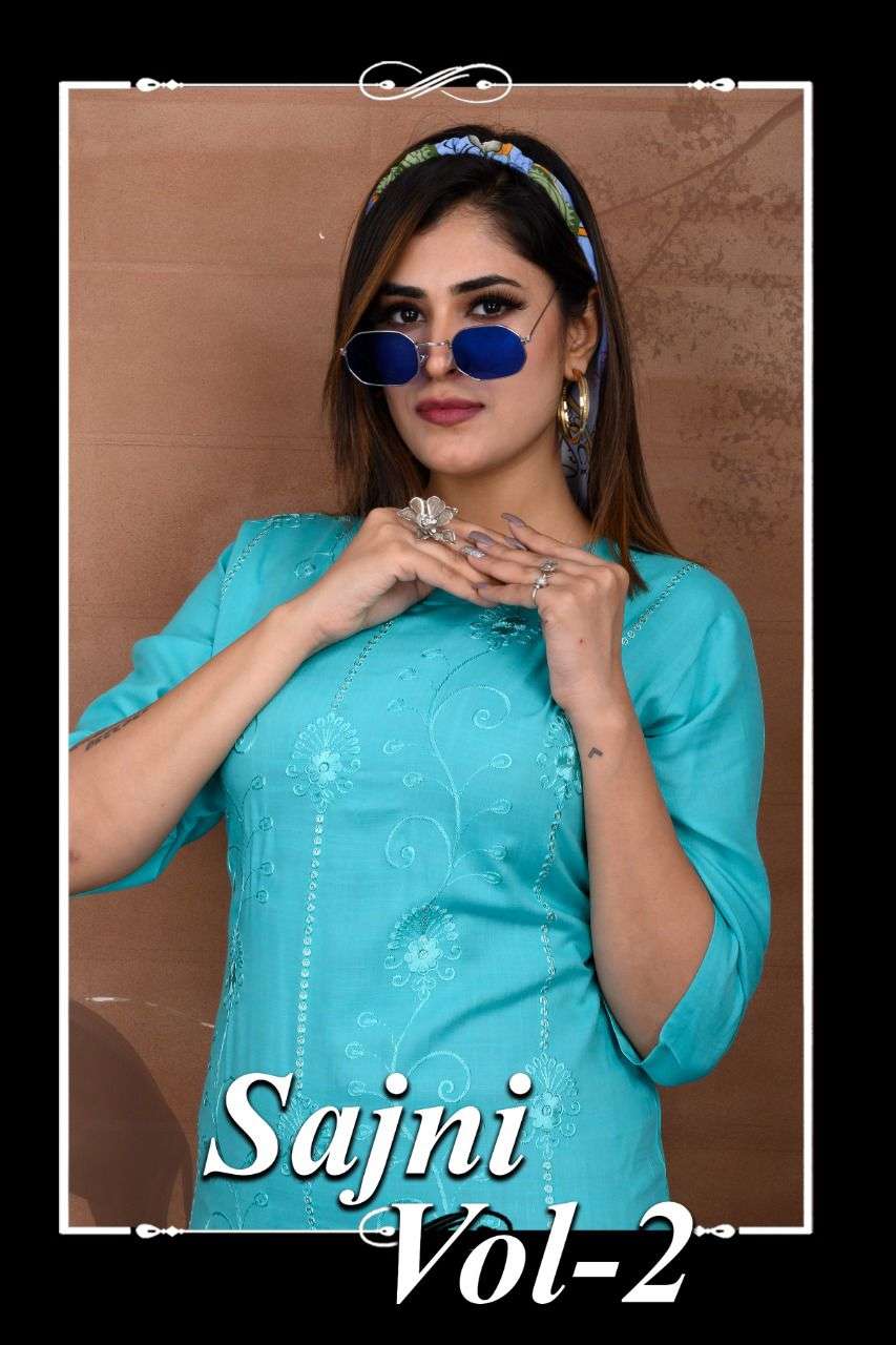 sajni vol.2 by sajni vol.2 heavy rayon slub sequence panel work kurti catalog wholesaler best rate