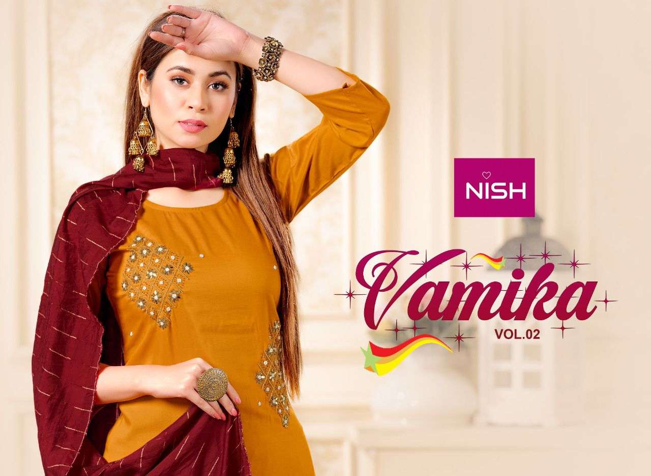 VAMIKA VOL.2 BY NISH CHINON HEAVY FABRIC HAND WORK READYMADE SUIT CATALOG WHOLESALER BEST RATE