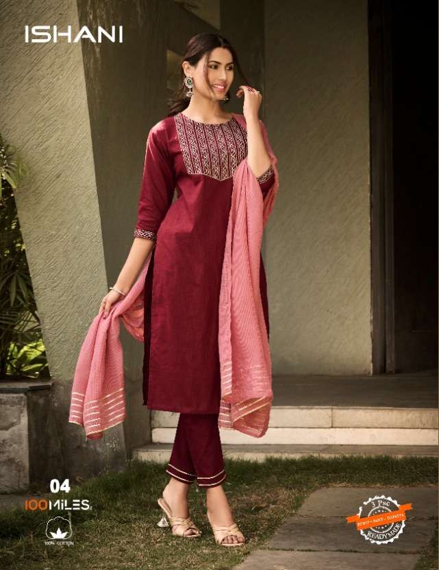 100 miles ishani cotton embroidery 3 piece readymade collection