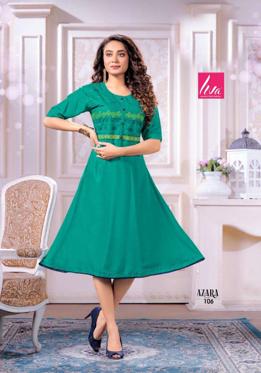 AZARA HEAVY RAYON WITH WORK KURTI CATALOG WHOLESALER BEST RATE