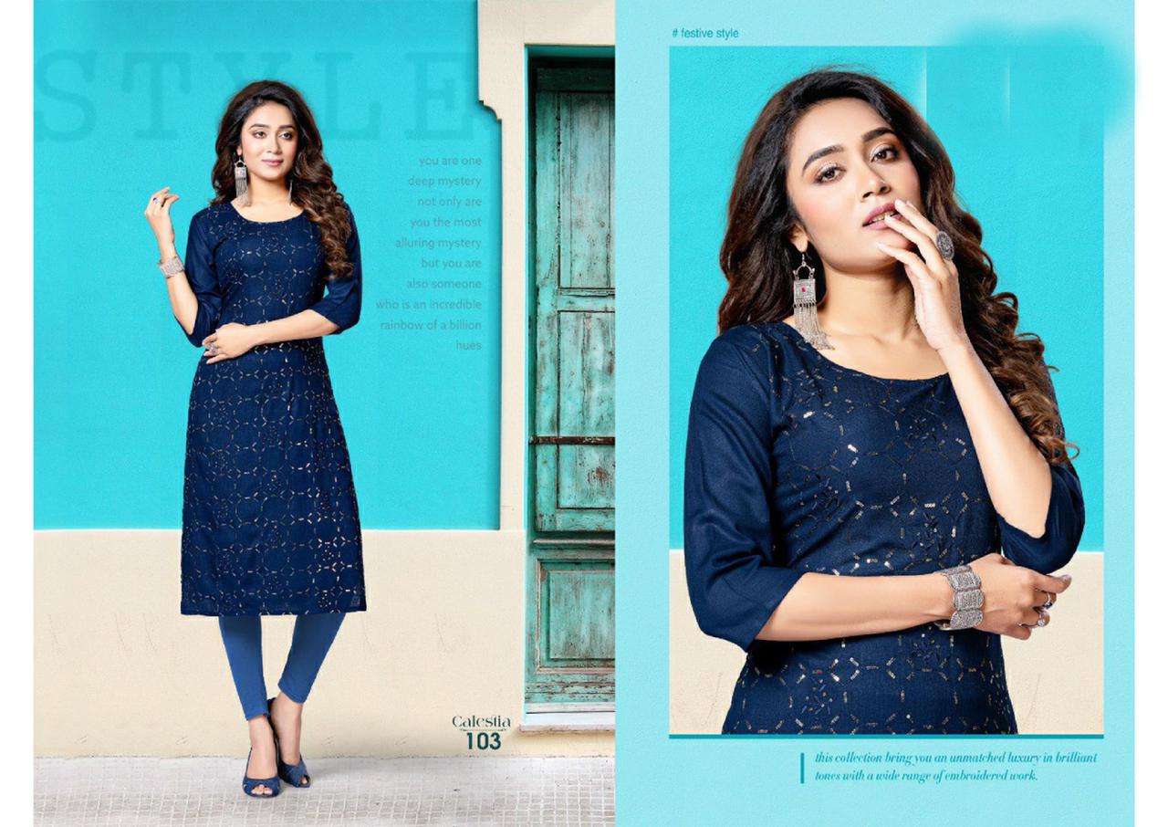 CALESTIA HEAVY RAYON WITH WORK KURTI CATALOG WHOLESALER BEST RATE