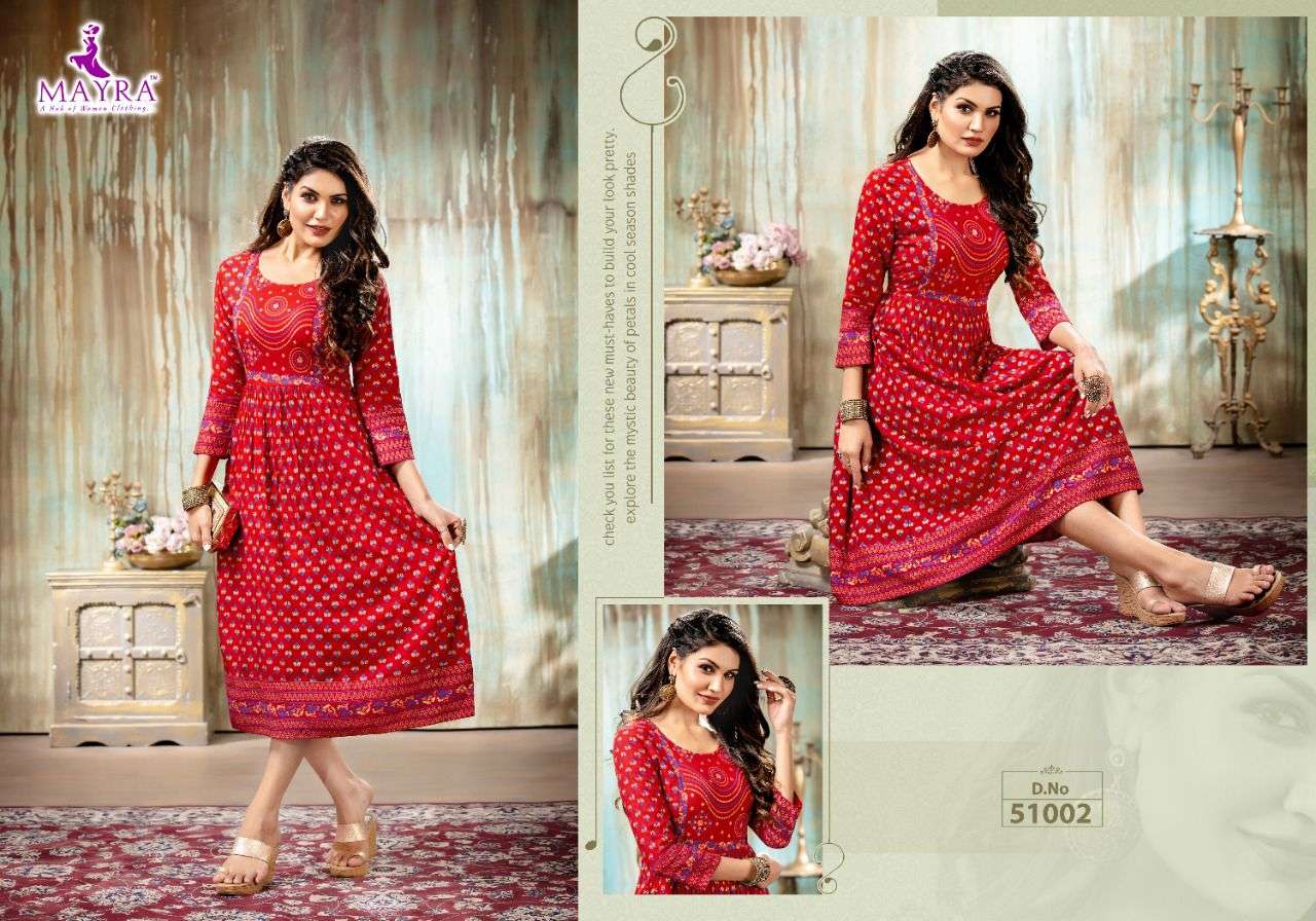 GOLDYY BY MAYRA HEAVY RAYON SLUB WITH GOLD FOIL PRINT KURTI CATALOG COLLECTION WHOLESALER BEST RATE IN SURAT