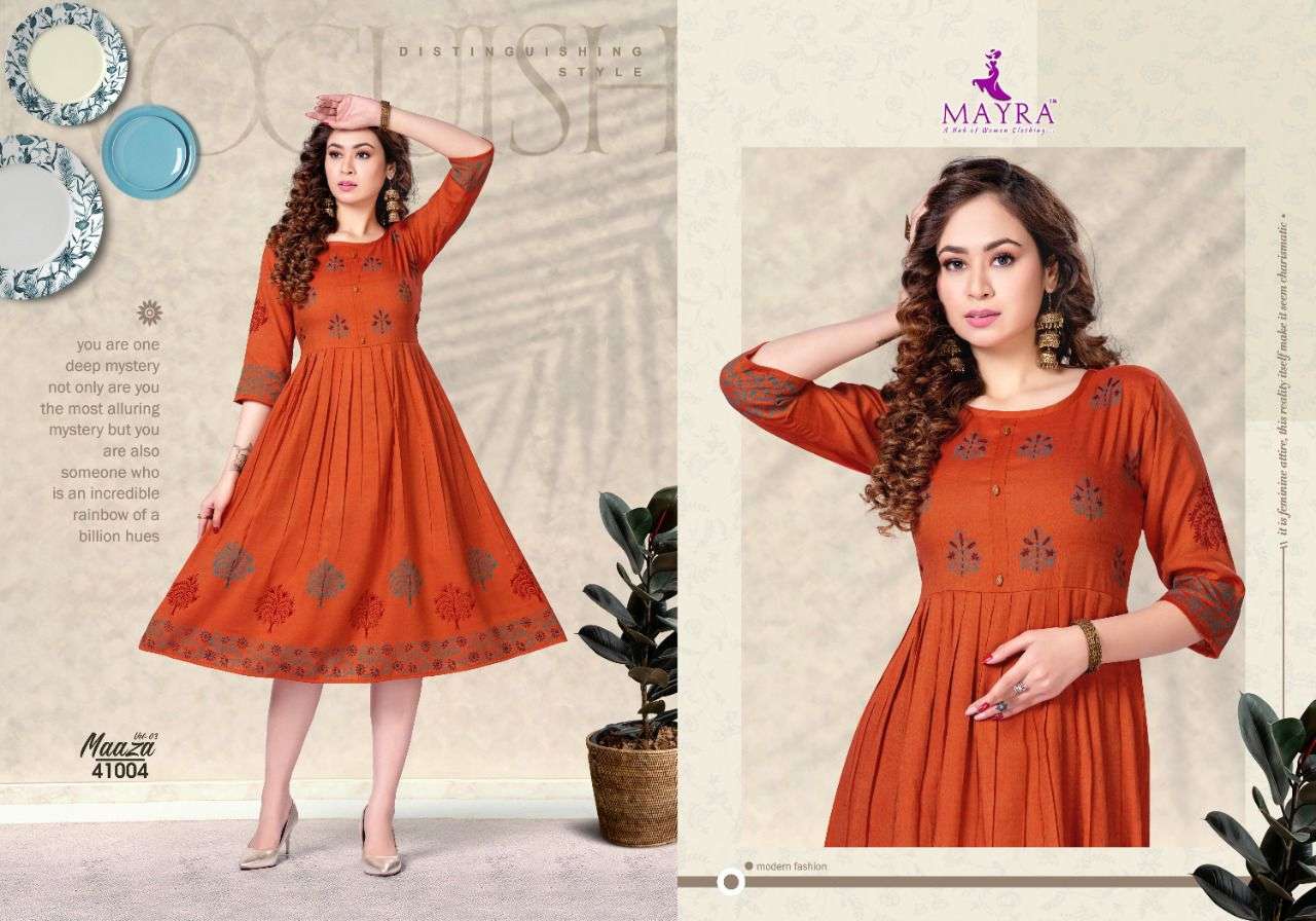  MAAZA Vol-3 BY MAYRA HEAVY RAYON 2 TON WITH Hand work and block and screen work KURTI CATALOG WHOLESALER BEST RATE