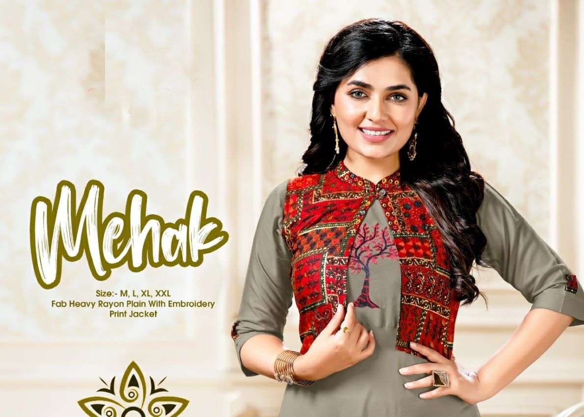 MEHAK HEAVY RAYON KURTI WITH JACKET KURTI CATALOG WHOLESALER BEST RATE