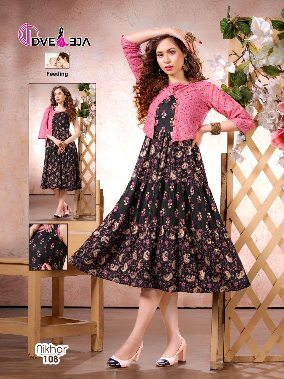 NIKHAR BY DVEEJA HEAVY RAYON WITH JACKET KURTI WITH FOIL PRINT CATLOG WHOLESALER BEST RATE