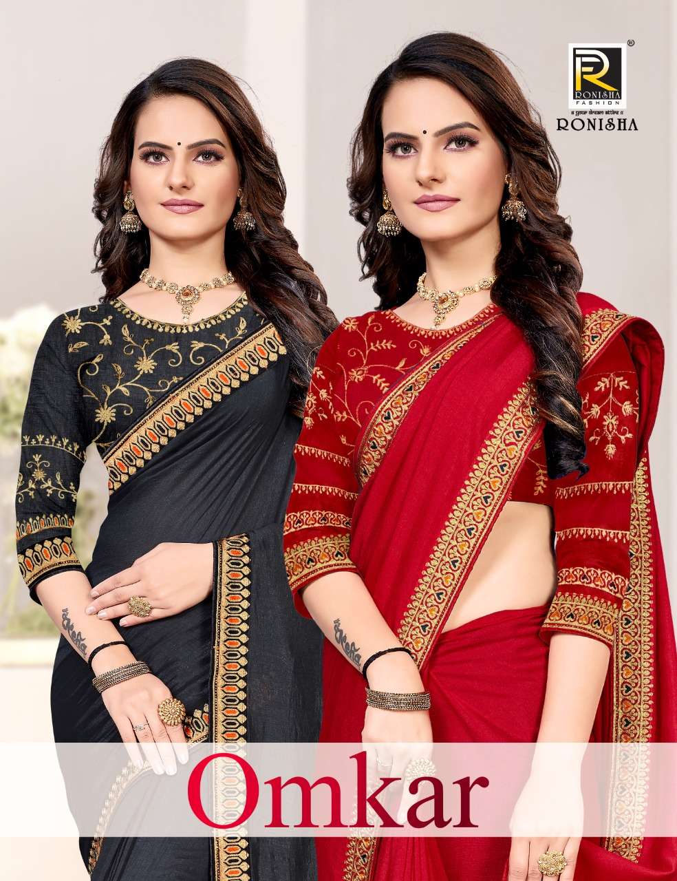 OMKAR  by ranjna saree fastive wear vichitra fabrics stylish border worked blouse saree Collection 